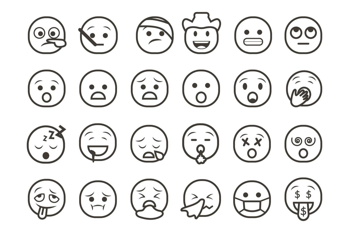 Set of emoticon smiley icons. Cartoon Emoji Set with smile, sad, happy, and flat emotion in line art style vector