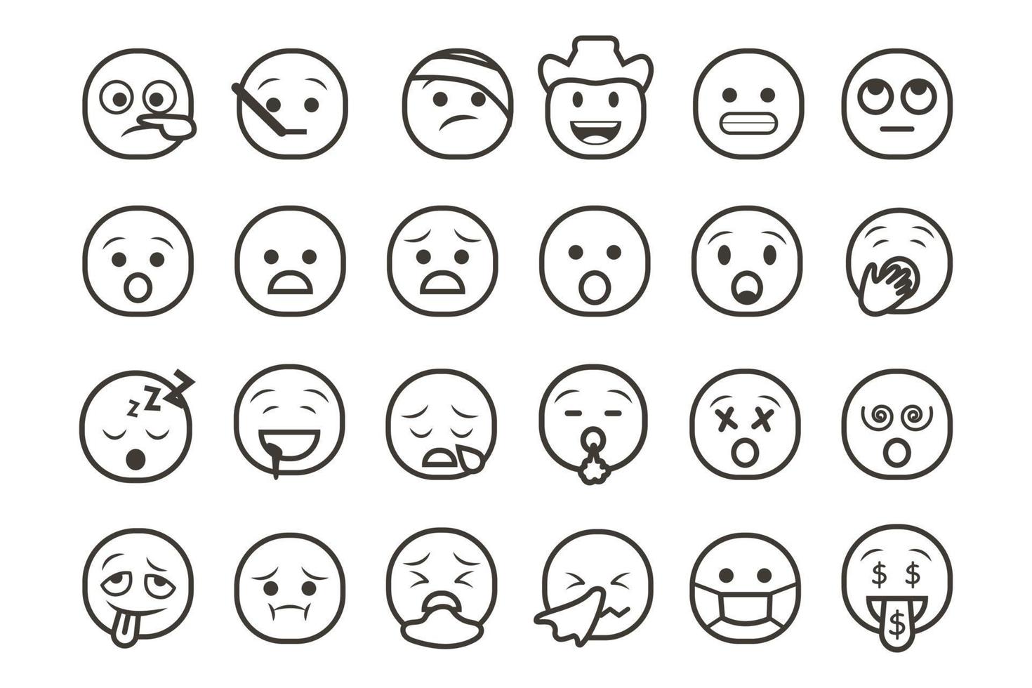 conjunto de iconos de emoticonos sonrientes. emoji de dibujos animados con sonrisa, emoción triste, feliz y plana en estilo de arte lineal vector