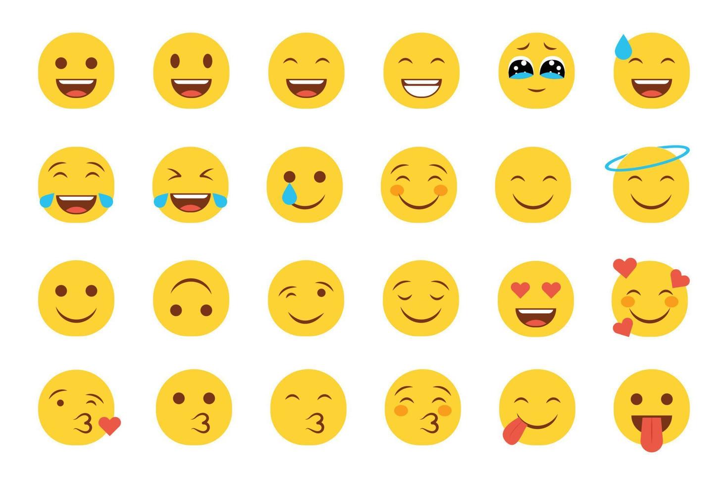 conjunto de iconos de emoticonos sonrientes. emoji de dibujos animados con sonrisa, emoción triste, feliz y plana en estilo plano vector