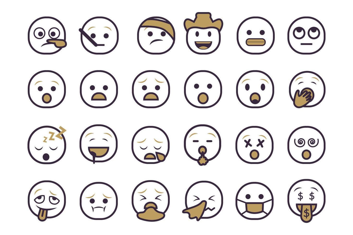 conjunto de iconos de emoticonos sonrientes. emoji de dibujos animados con sonrisa, emoción triste, feliz y plana en estilo de dos tonos vector