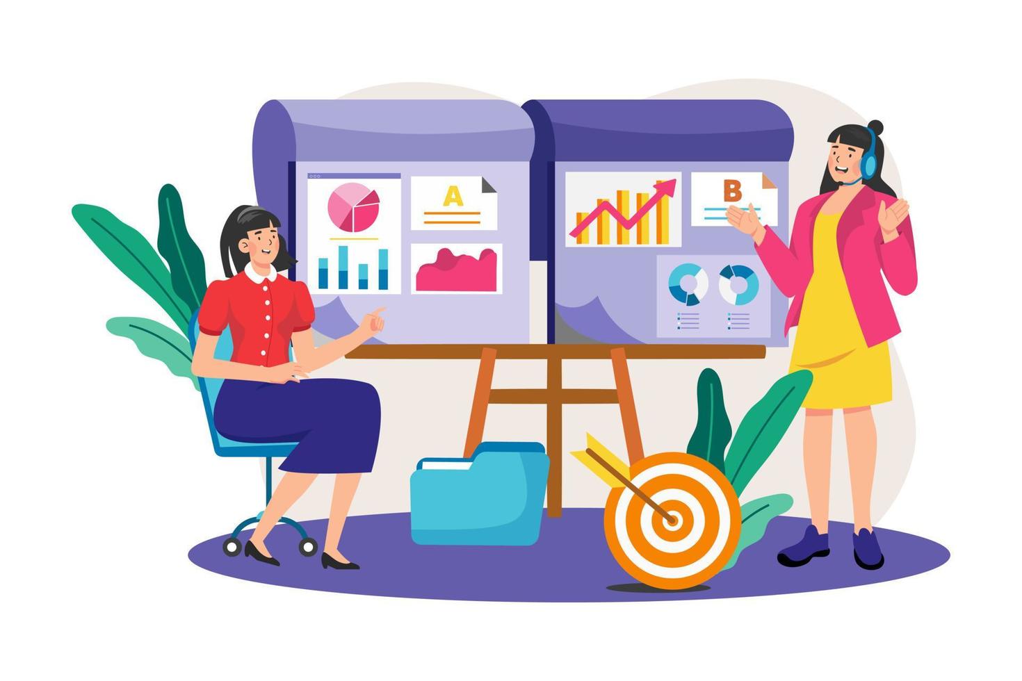 Businesswoman comparing AB testing results Illustration concept. A flat illustration isolated on white background vector