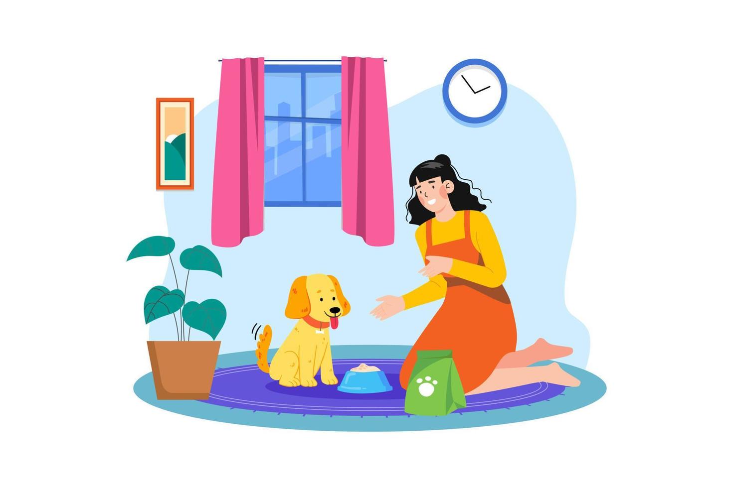 Young woman feeding her dog Illustration concept. A flat illustration isolated on white background vector