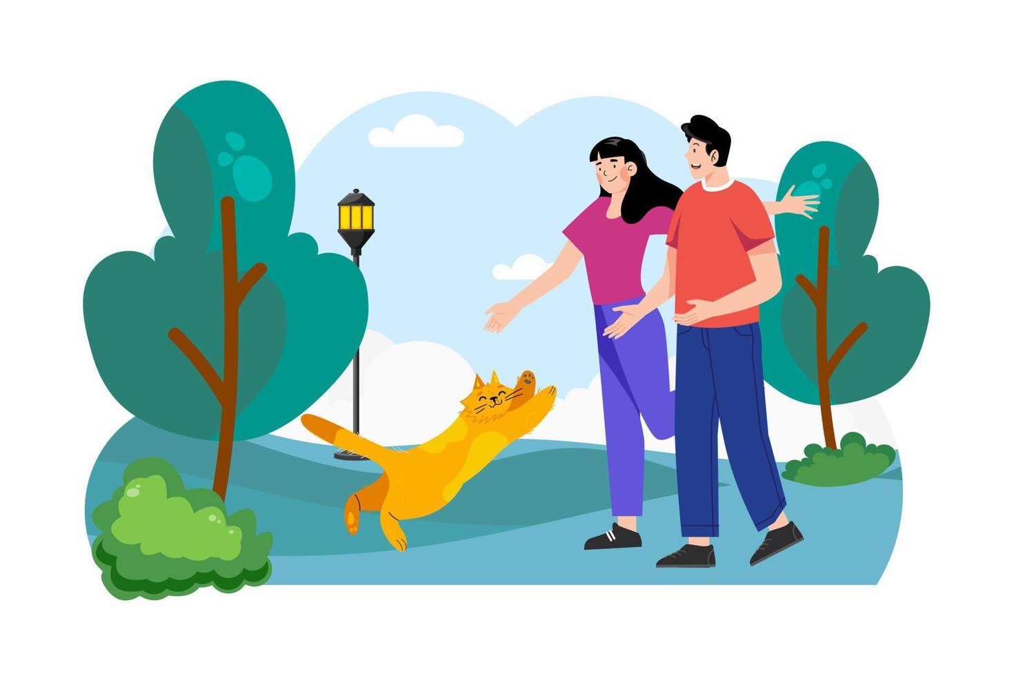 pareja caminando con gato en el concepto de ilustración del parque. una ilustración plana aislada sobre fondo blanco vector