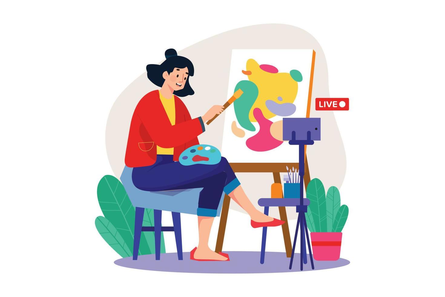 Female blogger draws a picture on canvas vector