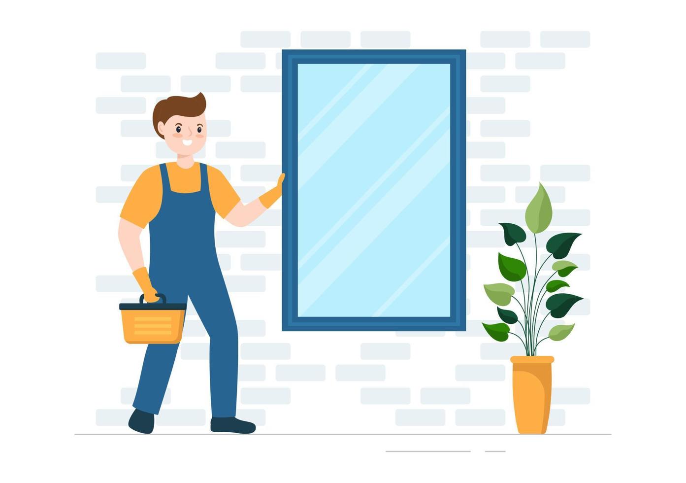 servicio de instalación de ventanas y puertas con trabajador para reparación y renovación del hogar use herramientas en dibujos animados planos ilustración de plantilla dibujada a mano vector