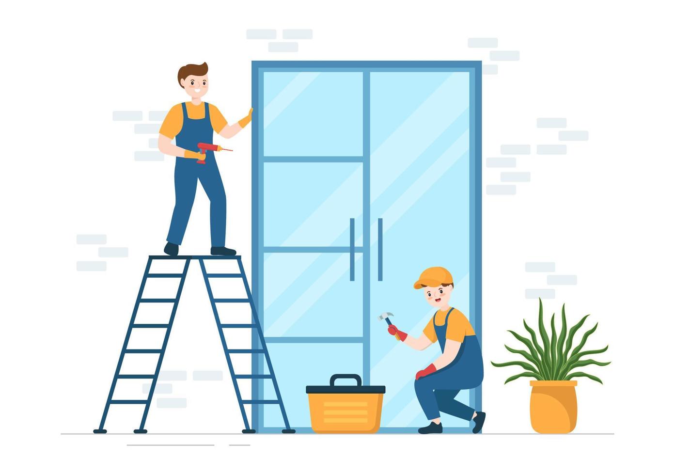 Window and Door Installation Service with Worker for Home Repair and Renovation use Tools in Flat Cartoon Hand Drawn Template Illustration vector