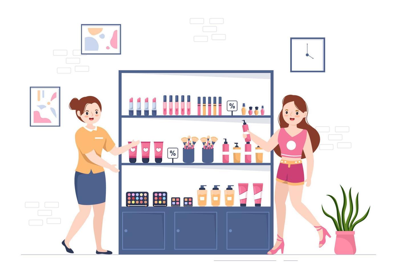 tienda de cosméticos con elección de productos para el cuidado de la piel, cosméticos, perfumes, maquillaje y belleza para niñas en dibujos animados planos dibujados a mano ilustración de plantillas vector