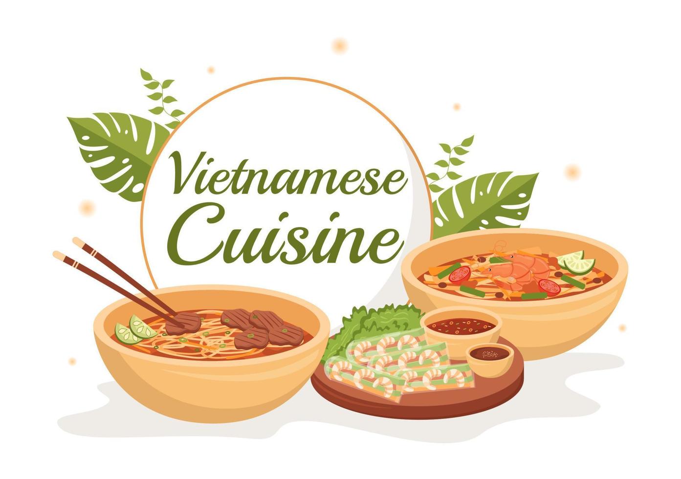 Vietnamese Food Restaurant Menu with Collection of Various Delicious Cuisine Dishes in Flat Style Cartoon Hand Drawn Templates Illustration vector