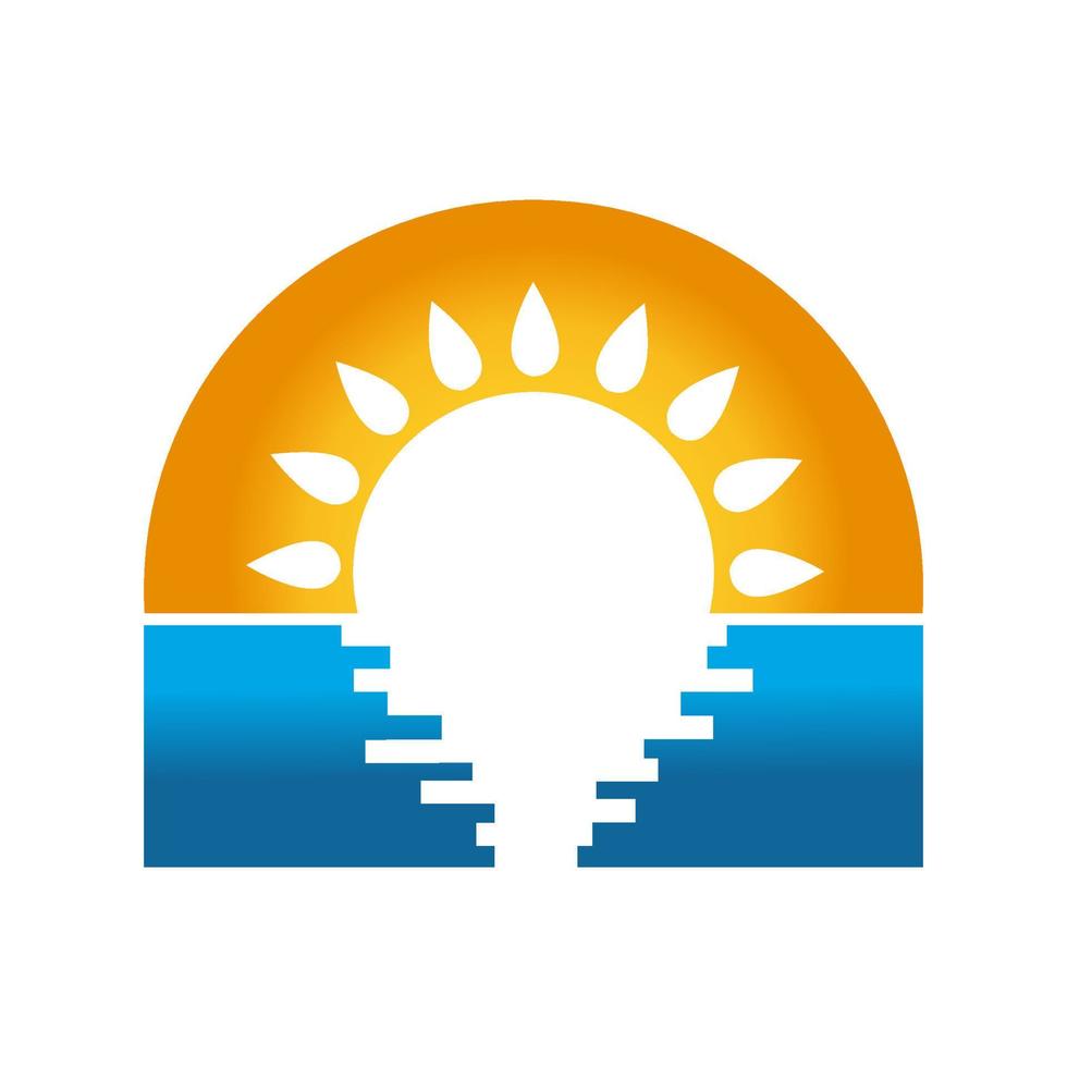 sunset logo design vector of yellow sun and blue sea waves on the frame illustration