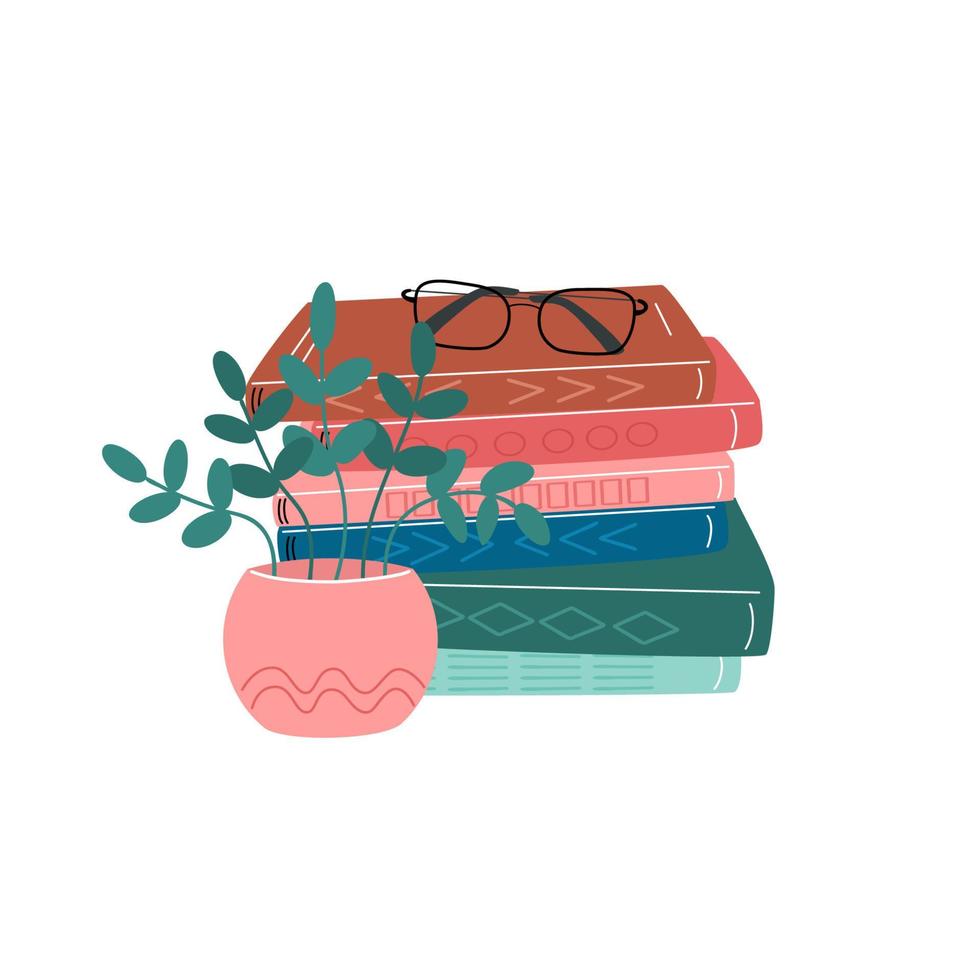 Collection of books. Library. Bookcase, bookshelf, book storage, glasses and flower. Vector cartoon flat illustration.