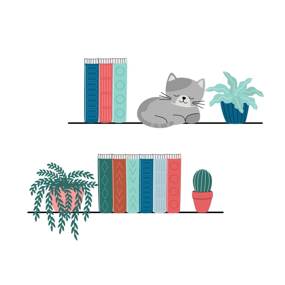 Reading lovers. Stack of books and cute cat. Books stickers. Decorative vector design elements. The concept of Read books.