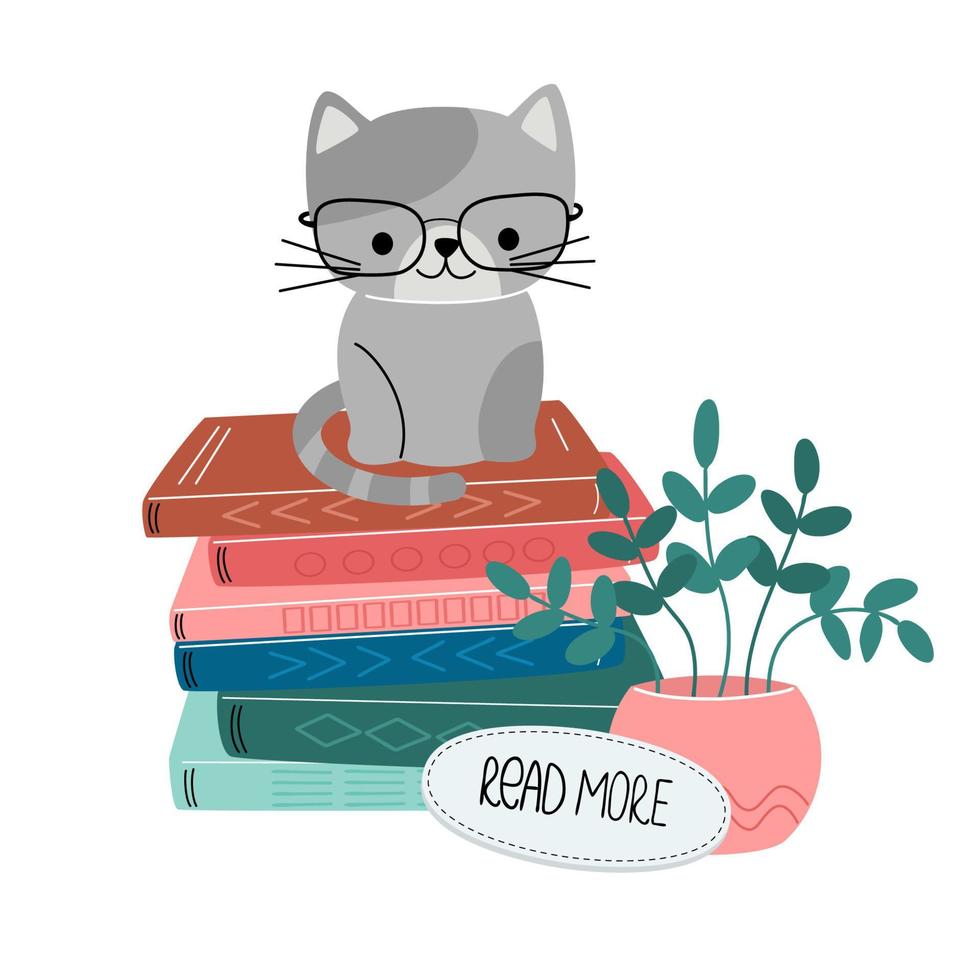 Reading lovers. Stack of books and cute cat. Books stickers. Decorative vector design elements. The concept of Read books.