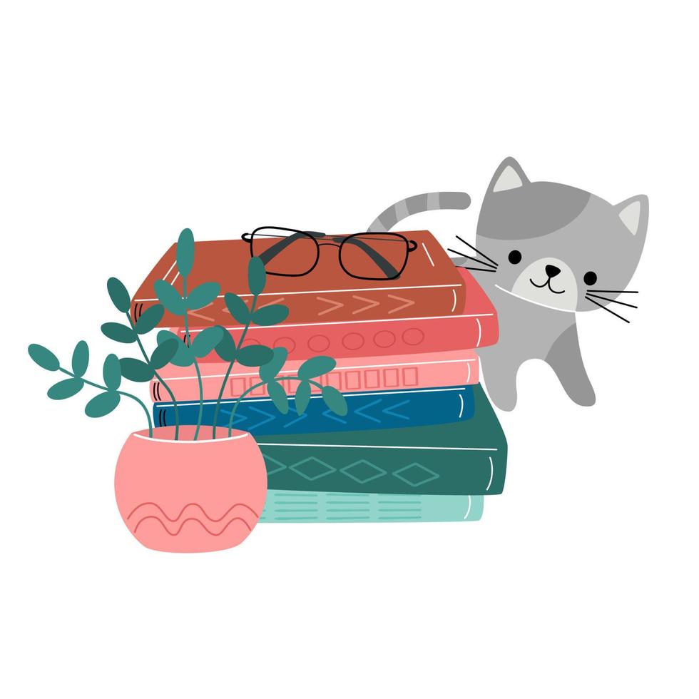 amantes de la lectura. pila de libros y lindo gato. pegatinas de libros. elementos decorativos de diseño de vectores. el concepto de leer libros. vector