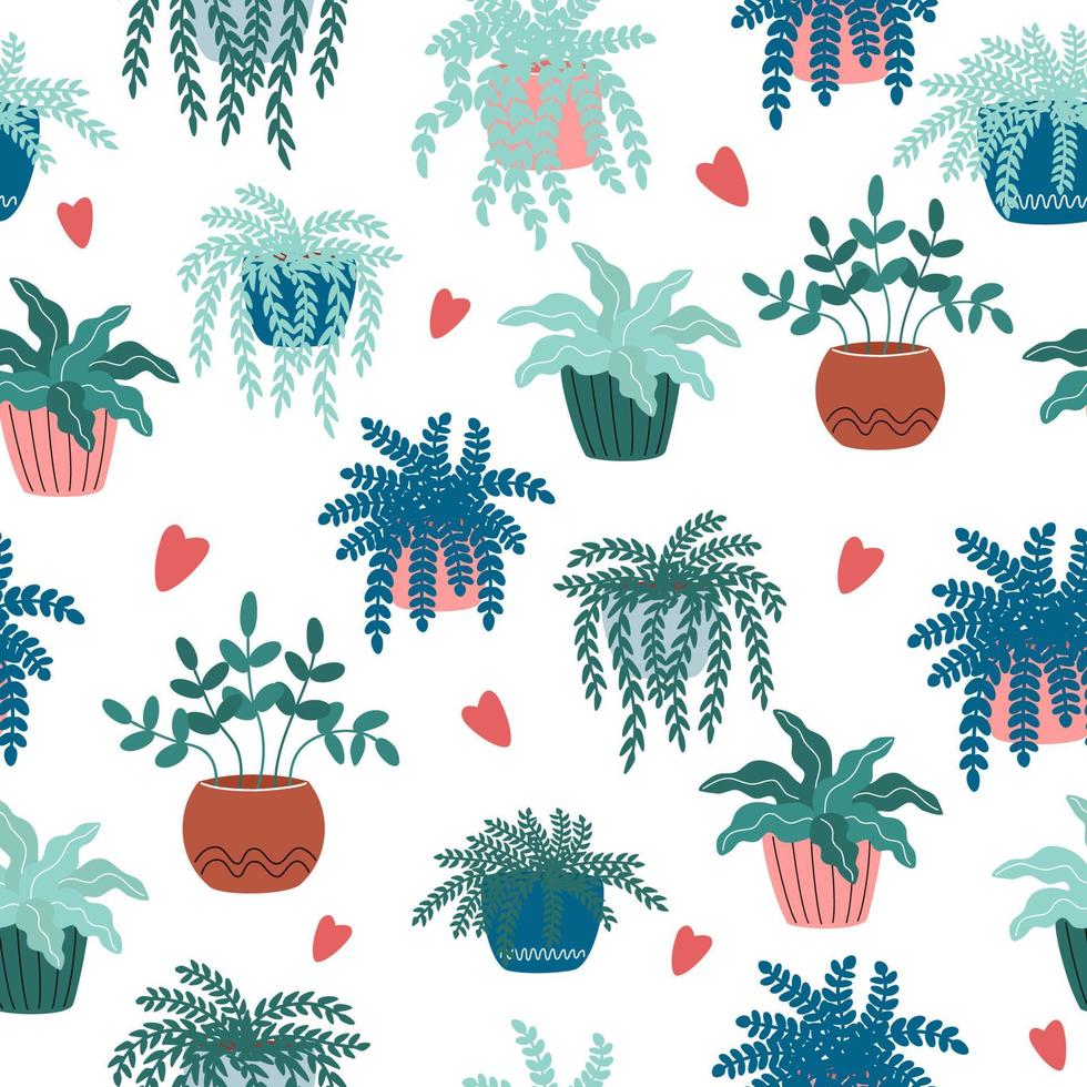 Seamless pattern with decorative home plants in pot. Natural houseplants texture. Beautiful flowers, house decorations vector illustration.