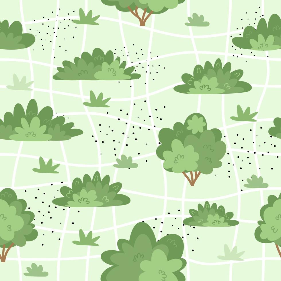 Seamless pattern with bushes, trees and paths on a green background. vector