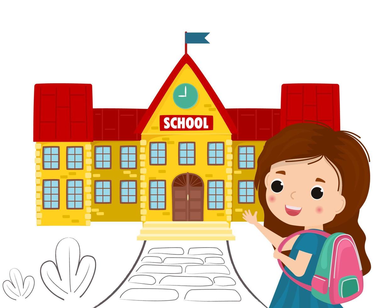 ilustración de colegiala a la escuela con mochila edificio escolar vector