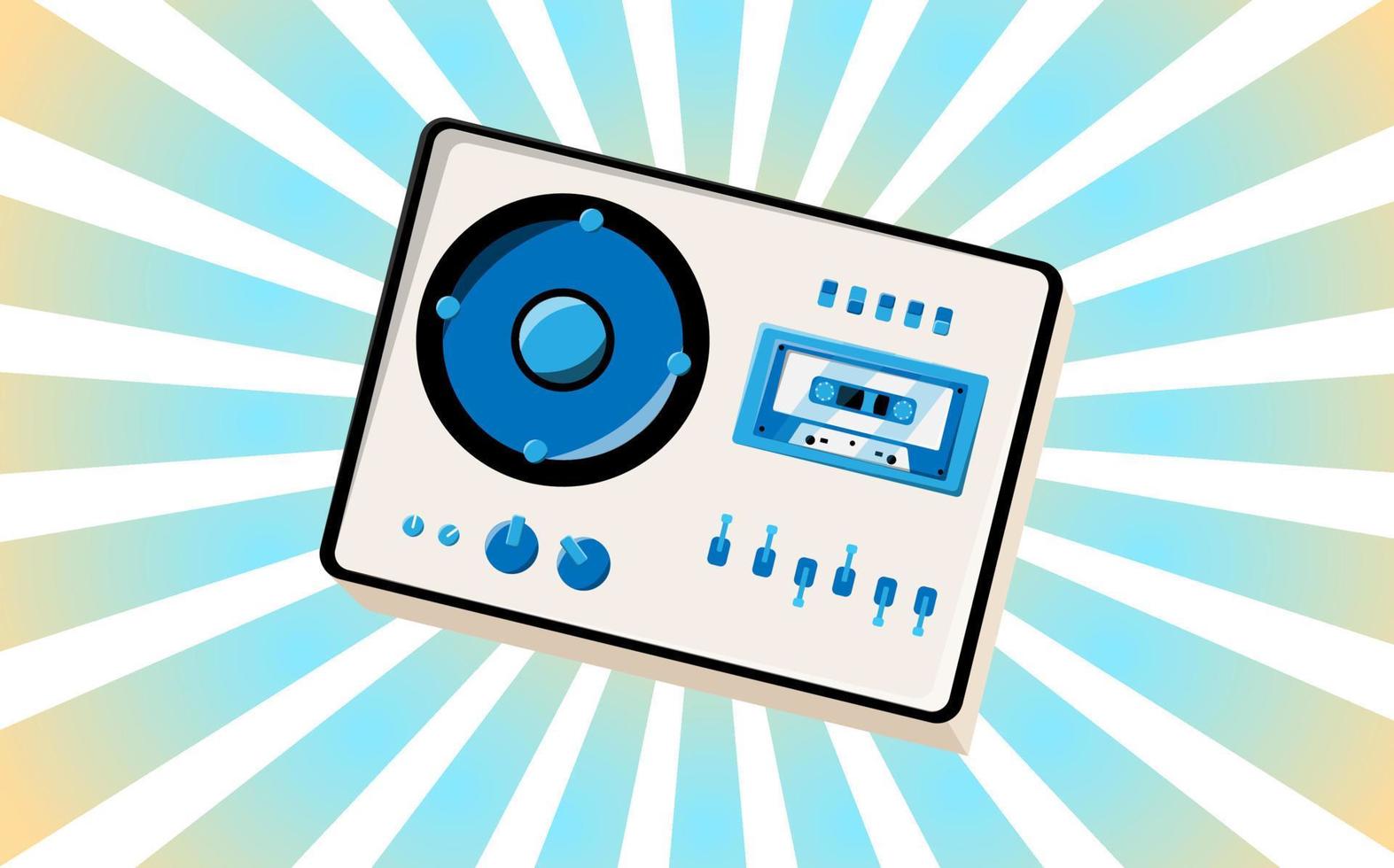 viejo afiche retro vintage con grabadora de casete de música con babbin de cinta magnética en carretes y altavoces de los años 70, 80, 90 el fondo de los rayos azules del sol. ilustración vectorial vector