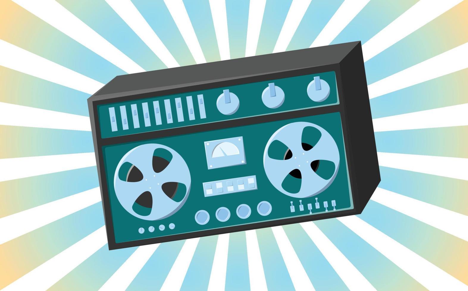 Old retro vintage poster with music cassette tape recorder with magnetic tape babbin on reels and speakers from the 70s, 80s, 90s the background of the blue rays of the sun. Vector illustration