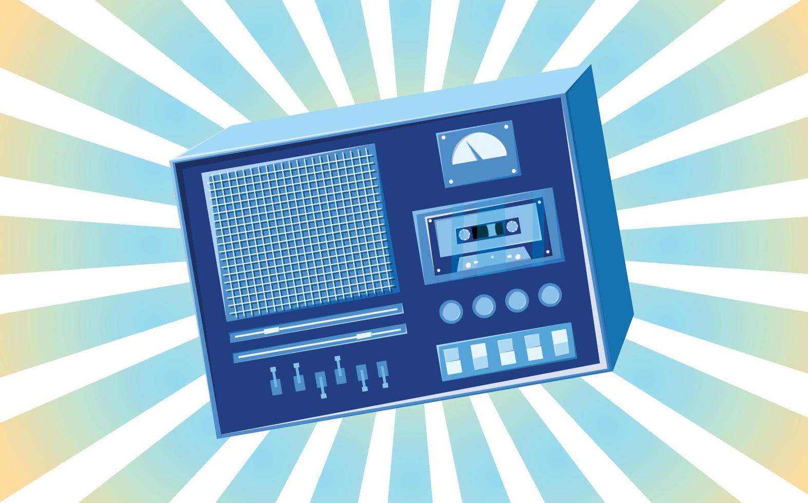 viejo afiche retro vintage con grabadora de casete de música con babbin de cinta magnética en carretes y altavoces de los años 70, 80, 90 el fondo de los rayos azules del sol. ilustración vectorial vector