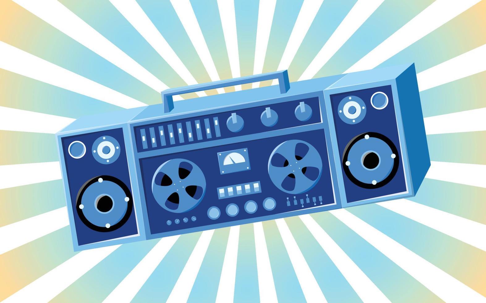 Old retro vintage poster with music cassette tape recorder with magnetic tape babbin on reels and speakers from the 70s, 80s, 90s the background of the blue rays of the sun. Vector illustration