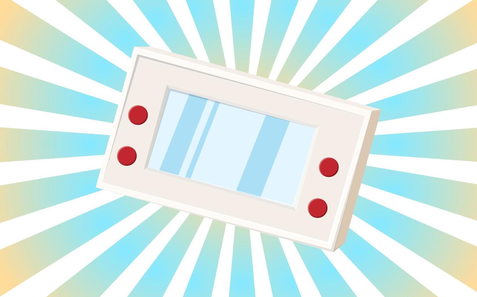 Old retro vintage hipster poster with portable game console with screen and buttons from 70s, 80s, 90s against the background of the orange rays of the sun. Vector illustration