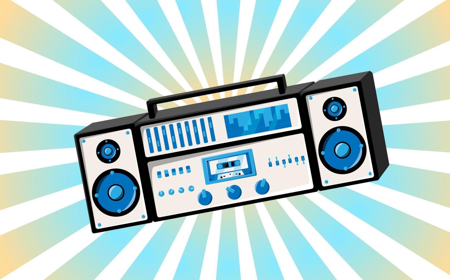 Old retro vintage poster with music cassette tape recorder with magnetic tape babbin on reels and speakers from the 70s, 80s, 90s the background of the blue rays of the sun. Vector illustration