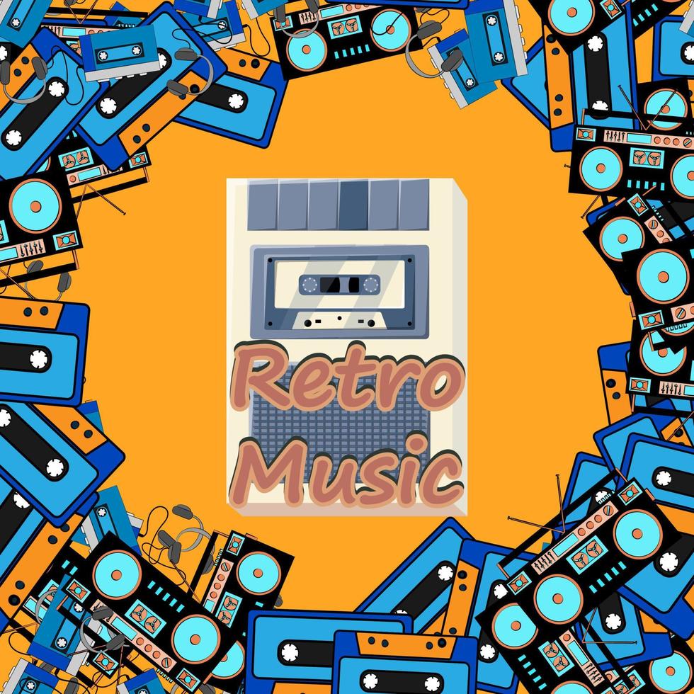 viejo afiche retro vintage hipster con grabadora de voz con casete de cinta de audio musical para grabación de voz de los años 70, 80, 90 contra el fondo. ilustración vectorial vector