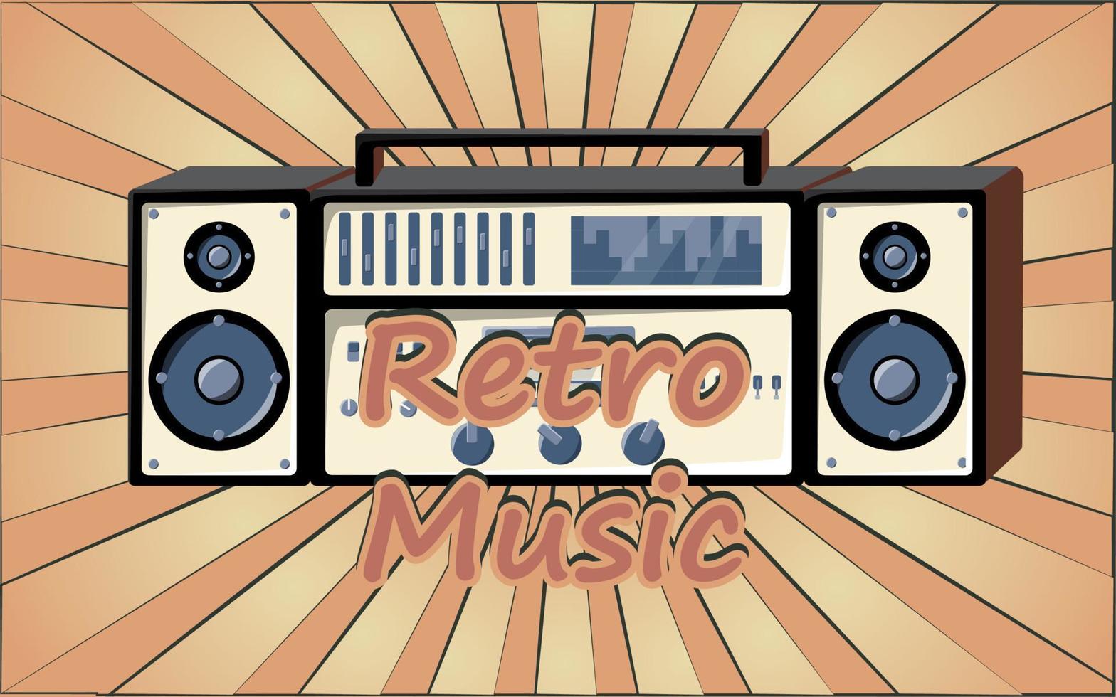 Old retro vintage poster with music cassette tape recorder with magnetic tape babbin on reels and speakers from the 70s, 80s, 90s the background of the brown rays of the sun. Vector illustration