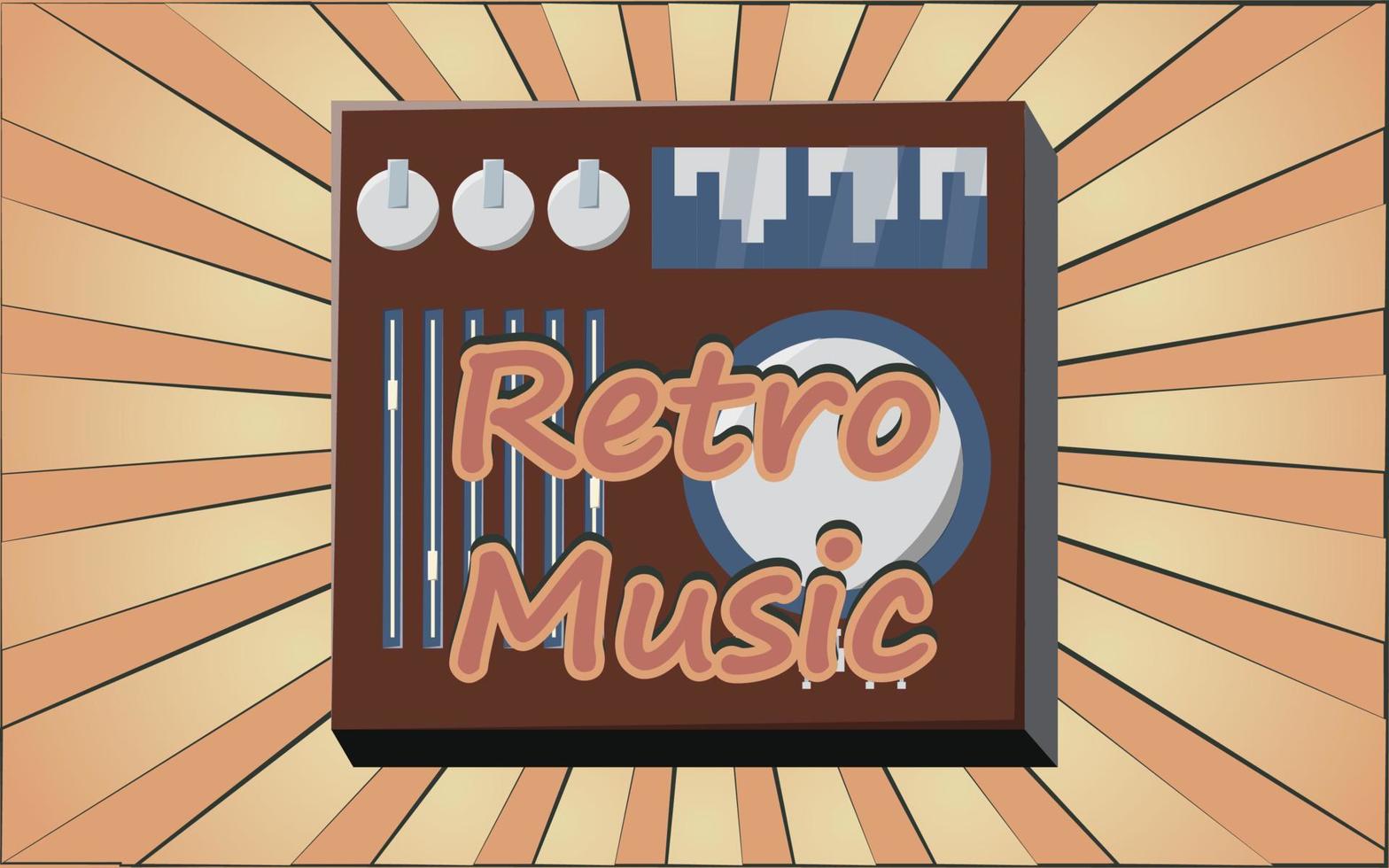 viejo afiche retro vintage con equipo de música de audio tablero de dj de vinilo con controles deslizantes y manivelas y botones de los años 70, 80, 90 contra el fondo de los rayos marrones del sol. ilustración vectorial vector