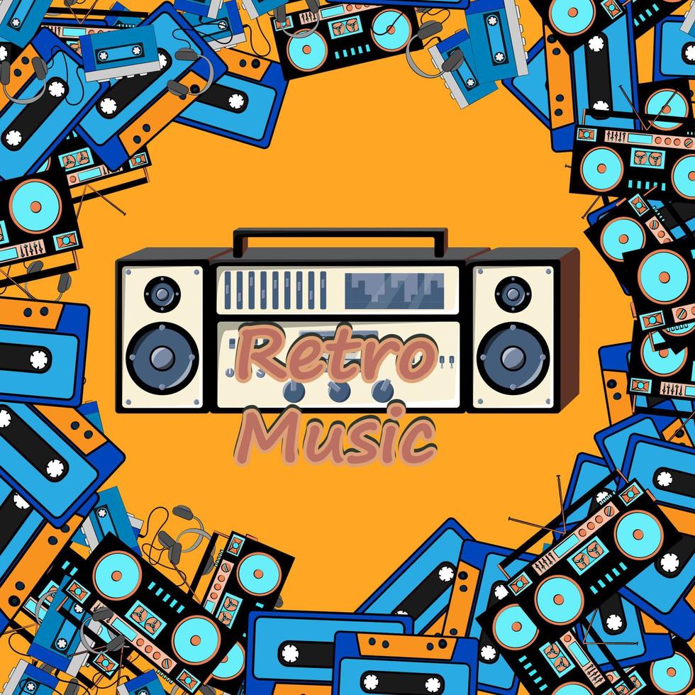 viejo afiche cuadrado retro vintage con grabadora de casete de música con babbin de cinta magnética en carretes y altavoces de los años 70, 80, 90 de fondo. ilustración vectorial vector