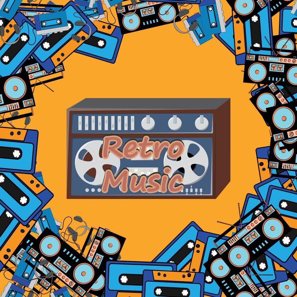 viejo afiche cuadrado retro vintage con grabadora de casete de música con babbin de cinta magnética en carretes y altavoces de los años 70, 80, 90 de fondo. ilustración vectorial vector