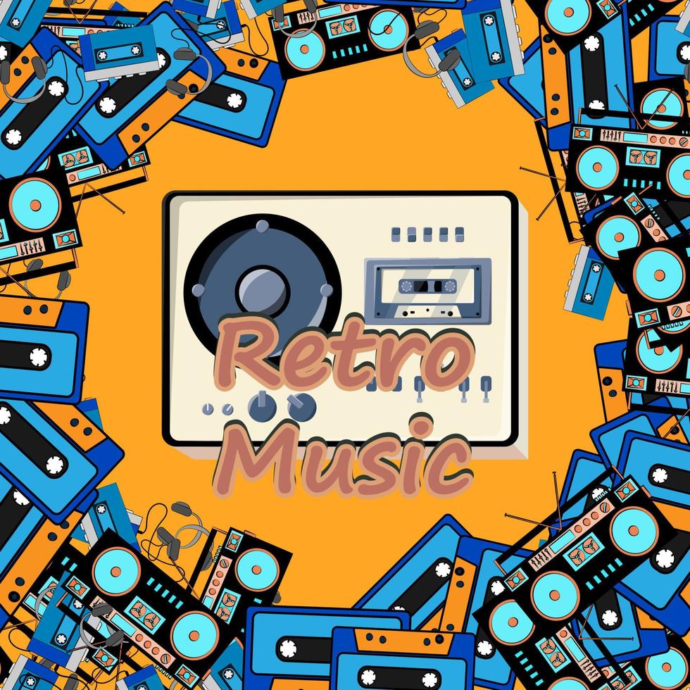 viejo afiche cuadrado retro vintage con grabadora de casete de música con babbin de cinta magnética en carretes y altavoces de los años 70, 80, 90 de fondo. ilustración vectorial vector