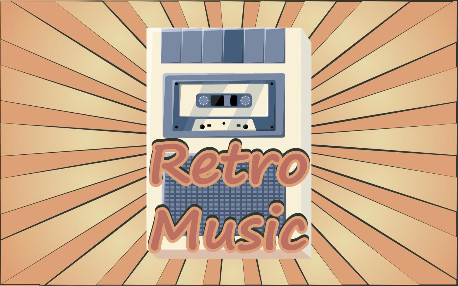 viejo afiche retro vintage hipster con grabadora de voz con casete de cinta de audio musical para grabación de voz de los años 70, 80, 90 contra el fondo de los rayos marrones del sol. ilustración vectorial vector