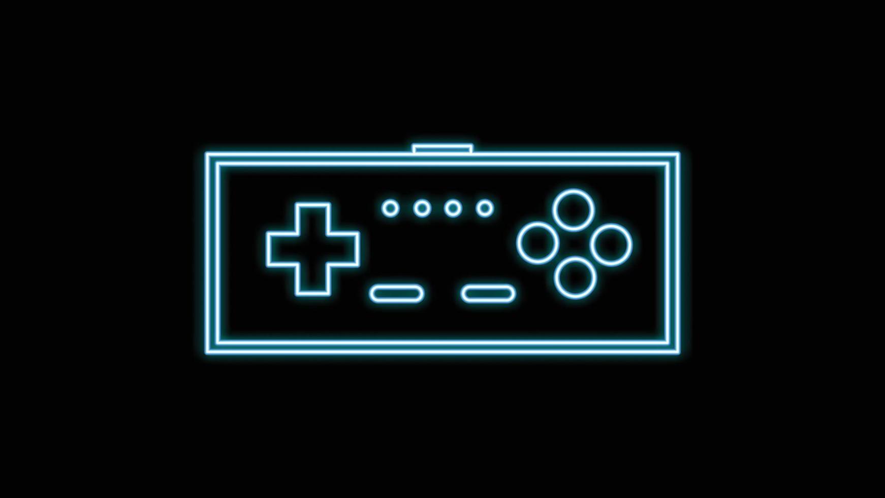 Blue neon glowing joystick with buttons for video game console old retro vintage from 70s, 80s, 90s on black background. Vector illustration.