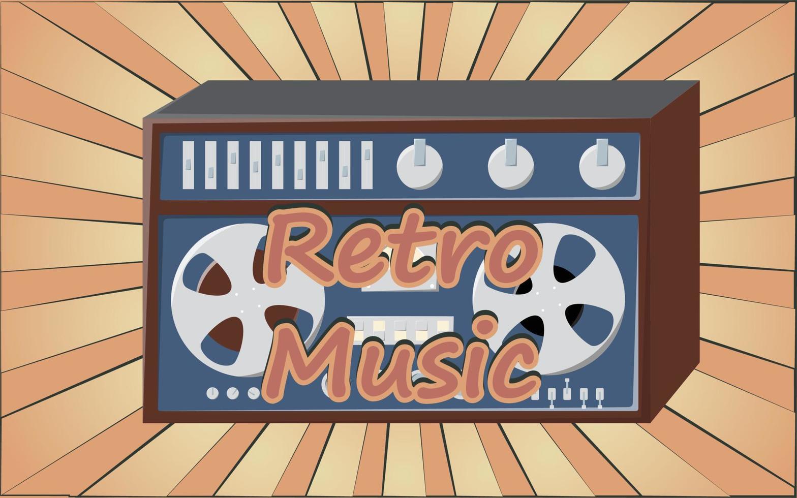 Old retro vintage poster with music cassette tape recorder with magnetic tape babbin on reels and speakers from the 70s, 80s, 90s the background of the brown rays of the sun. Vector illustration