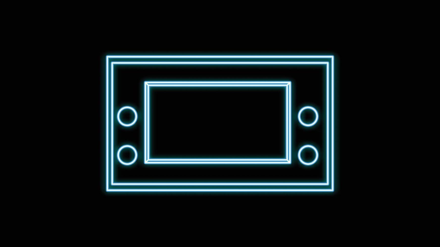 Blue neon glowing portable game console, for video games with buttons and screen old retro hipster vintage from 70s, 80s, 90s on black background. Vector illustration