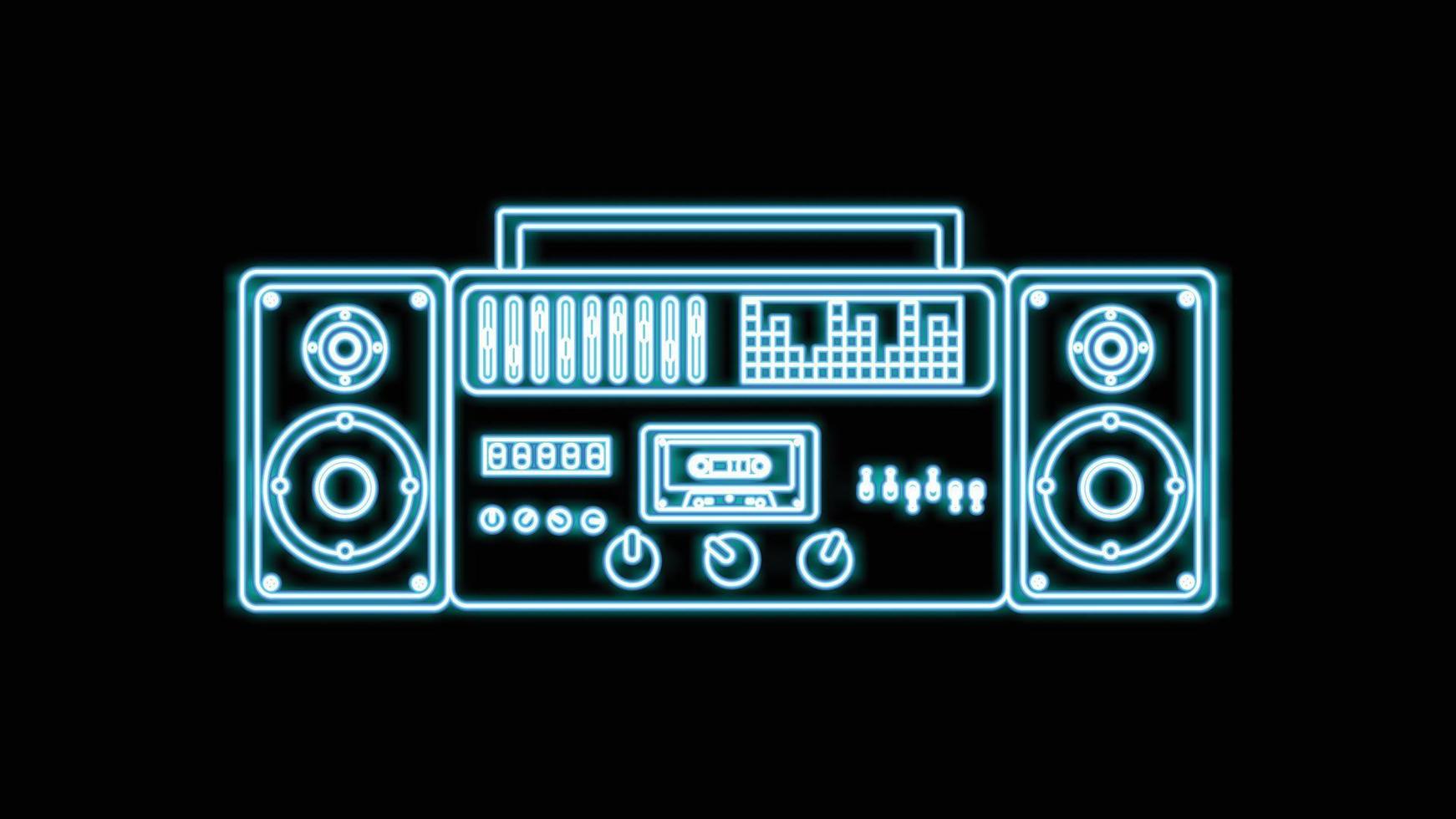 Blue neon music cassette audio tape recorder old retro hipster vintage from 70s, 80s, 90s on black background. Vector illustration