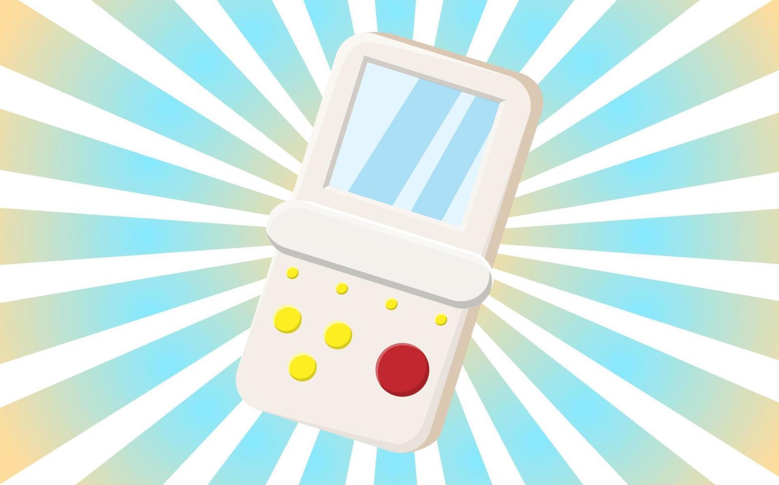 Old retro vintage hipster poster with portable game console with screen and buttons from 70s, 80s, 90s against the background of the orange rays of the sun. Vector illustration
