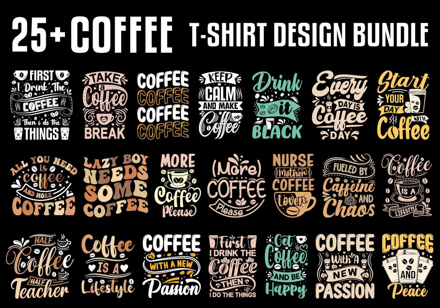 paquete de diseño de camiseta de café gratis, conjunto de camisetas de café, diseño de camiseta de taza de café, citas de café vector