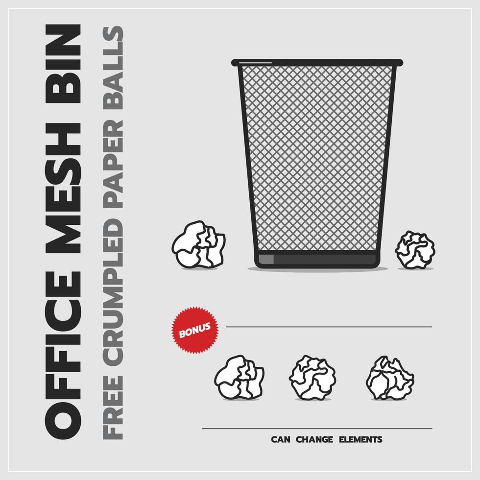 Office mesh rubbish bin front view, icon, vector design, isolated background.