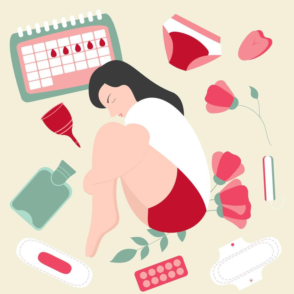 niña o mujer con dolores menstruales. ciclo de salud de la menstruación. concepto de menstruación vector