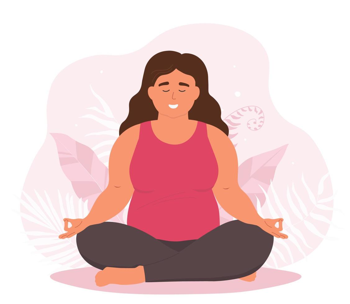 A full girl is sitting in the lotus position on a background of tropical leaves. An overweight woman does yoga, gym. The concept of body positivity, self-perception. Vector graphics.