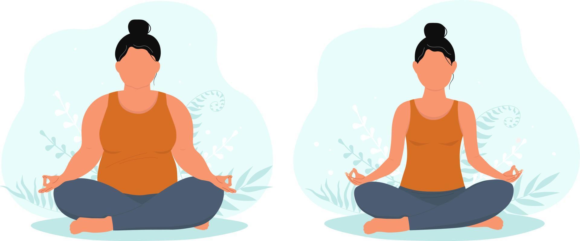 Girls sit in the lotus position doing yoga. A plump woman with excess weight and fat and slim with normal figure. The concept body positivity, proper nutrition and physical activity. Vector graphics.