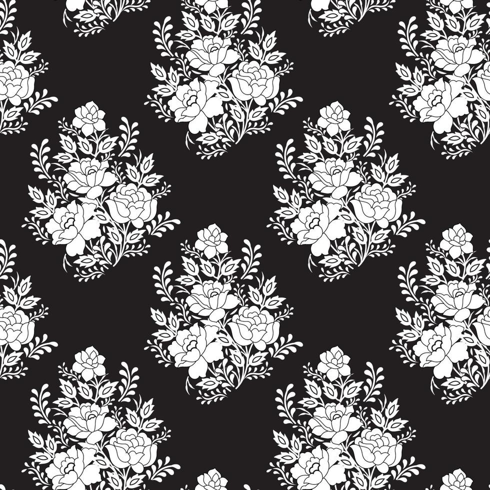 patrón abstracto floral transparente con flores sobre fondo negro. diseño de patrón y listo para imprimir vector