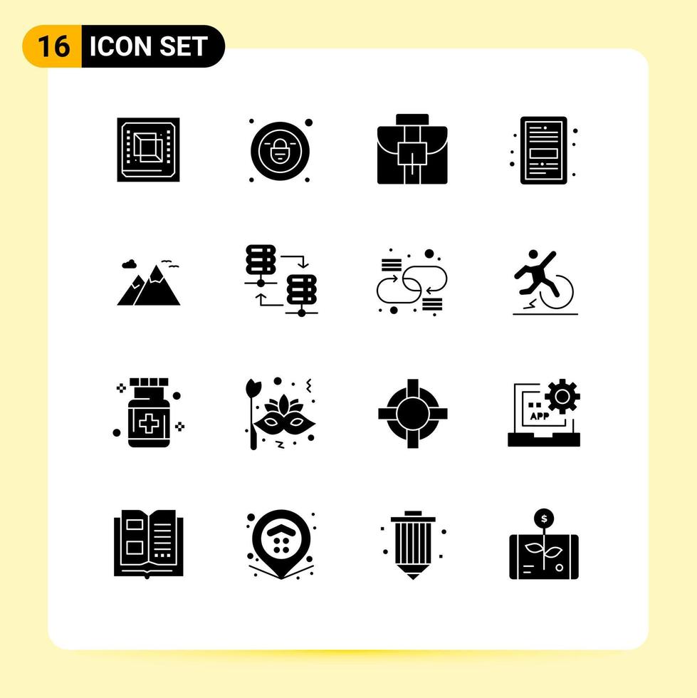 16 Universal Solid Glyphs Set for Web and Mobile Applications nature learning briefcase file ebook Editable Vector Design Elements