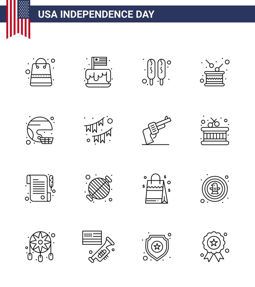 conjunto de 16 iconos del día de los ee.uu. símbolos americanos signos del día de la independencia para la independencia de los ee.uu. vector