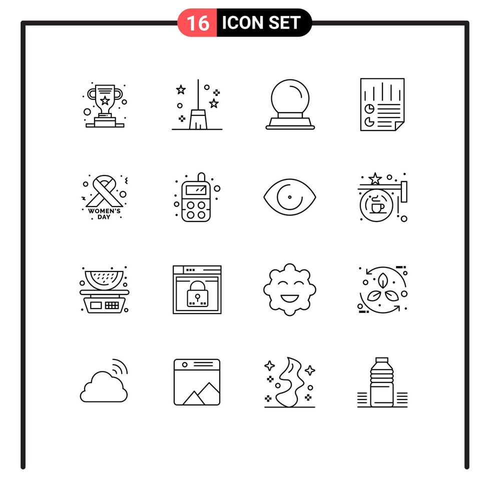 Set of 16 Modern UI Icons Symbols Signs for day user glass stand report document Editable Vector Design Elements