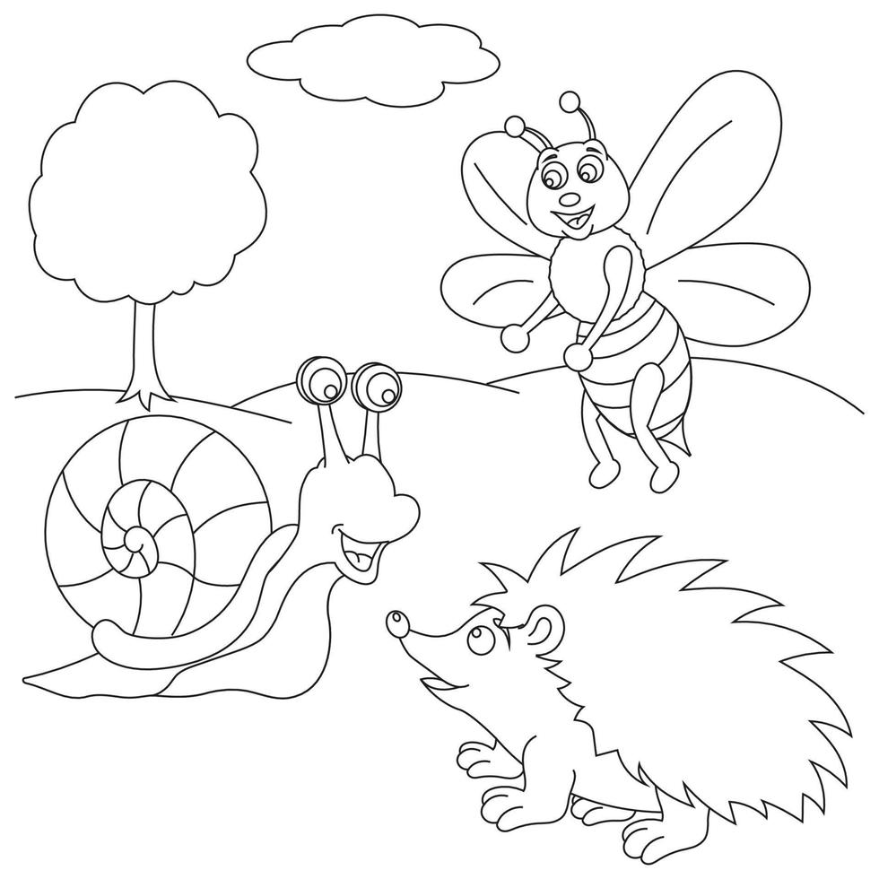 The Bee, The Snail and The Hedgehog are Talking coloring page. Coloring book for kids vector