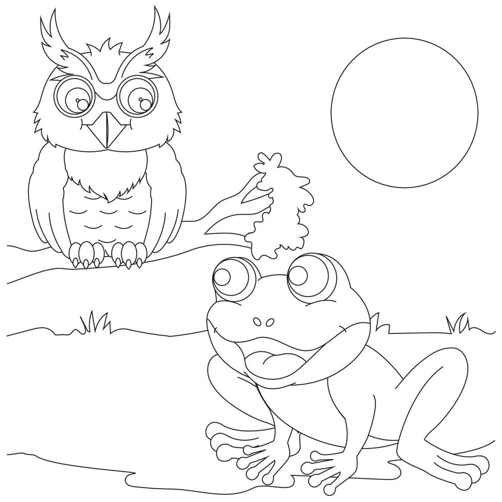 Frog and owl are talking coloring page. Coloring book for kids vector