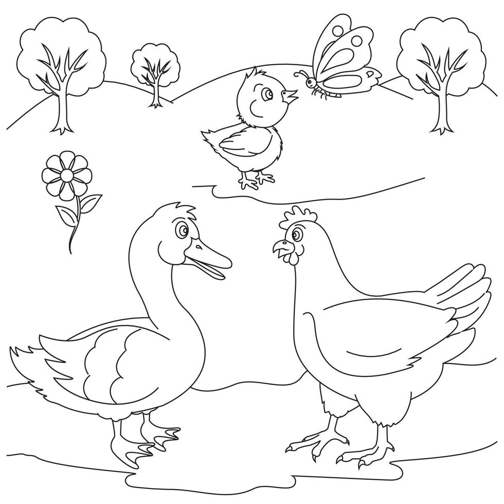 Hen, swan and baby chicken cartoon character coloring page. Coloring book for kids vector